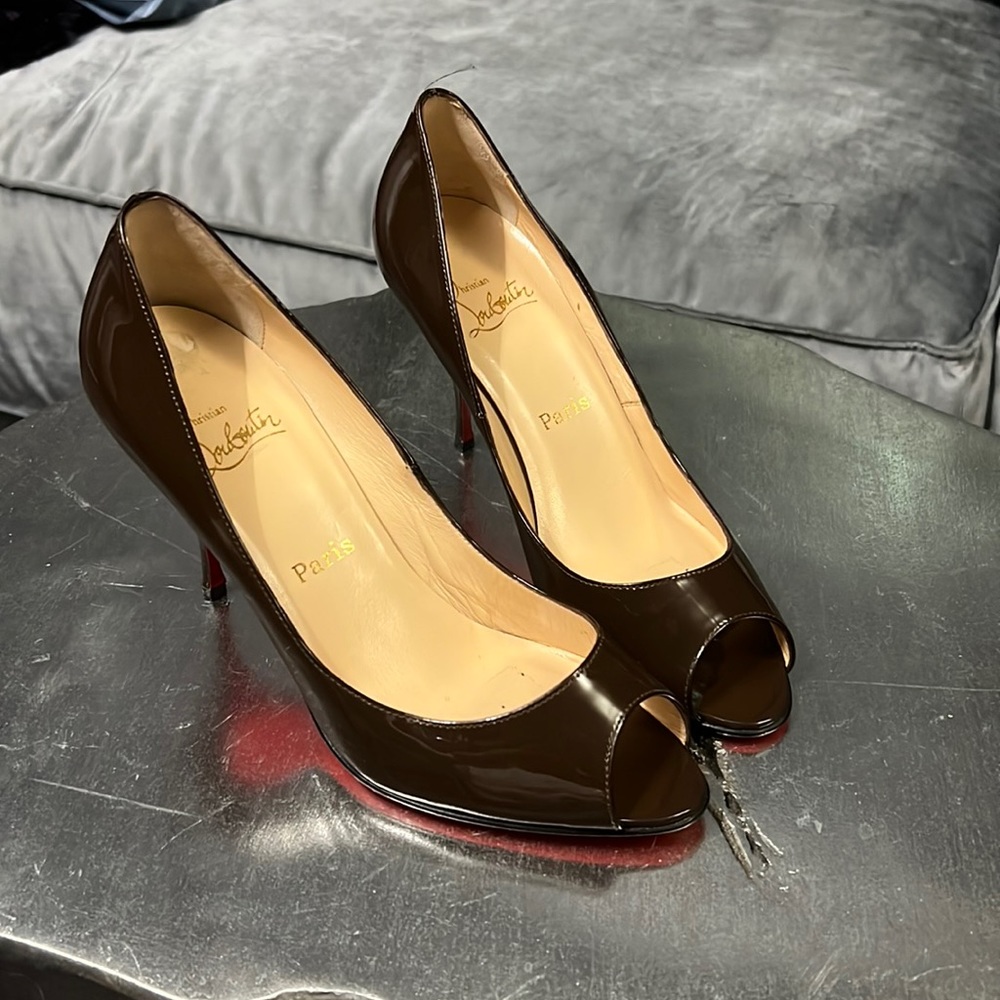 Christian Louboutin Red Peep Toe Patent Leather Medium Heel Pumps